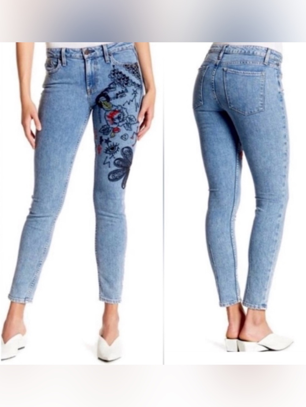 Alice + Olivia Light Blue Skinny Jeans with Embroidered Motifs